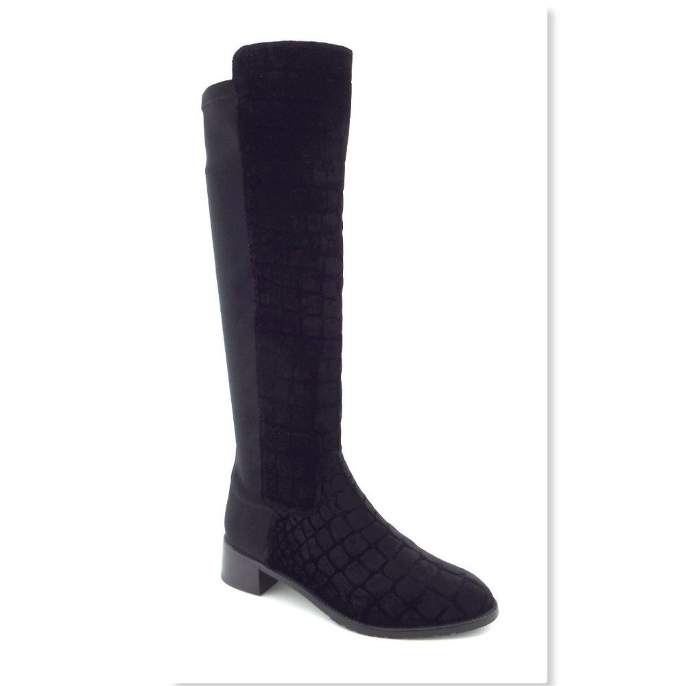 New STUART WEITZMAN Black Croc Embossed Velvet Knee High Boot 8.5